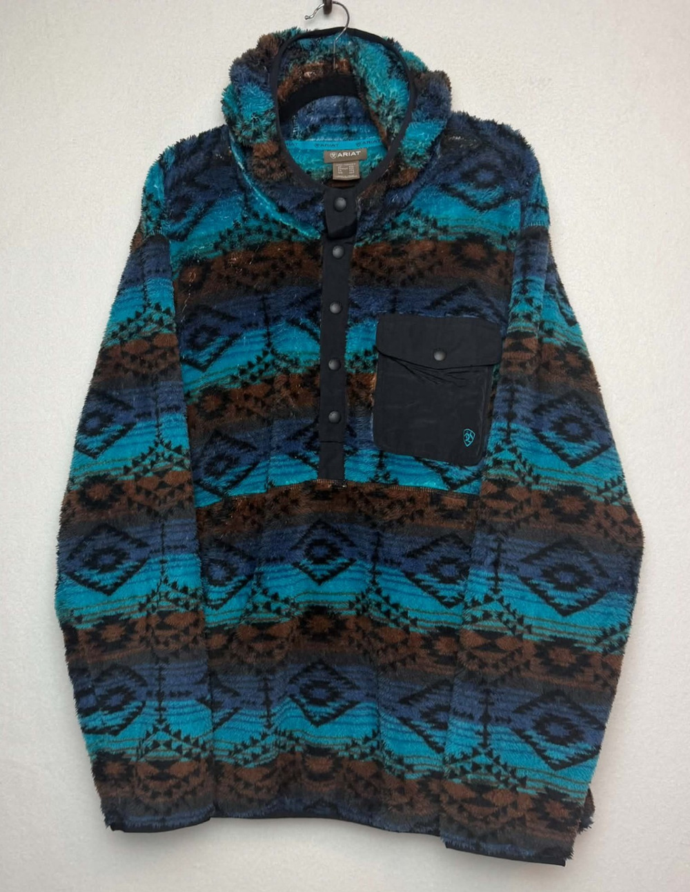 Ariat Men's Polar Bear Fleece Hoodie Size XXL Enamel Blue Brown Serape Gorpcore